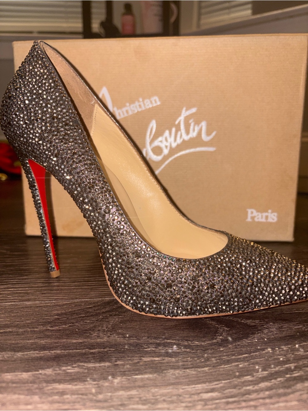 Christian Louboutin Black Crystal-Encrusted Pointed Pump with Red Sole